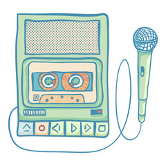 Cassette tape recorder with microphone. Handheld tape recorder, hand drawn retro illustration, isolated on white. Suitable for banner, ad, t-shirt design. Vintage design element © pinana_treeangle
