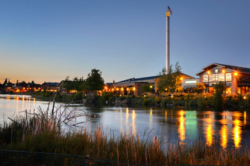 Renovated Old Industrial Buildings in Bend, Oregon, at Twilight