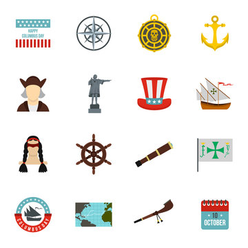Columbus Day icons set in flat style. Sailing equipment vector illustration