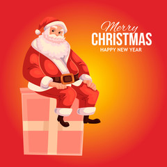 Cartoon style Santa Claus sitting on a gift box, Christmas vector greeting card. Full length portrait of Santa sitting on a present box on red background, greeting card template for Christmas eve