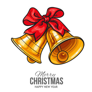 Golden Christmas bells with a red bow, vector greeting card. Traditional pair of Xmas bells with a red ribbon, decoration element, Christmas greeting card template