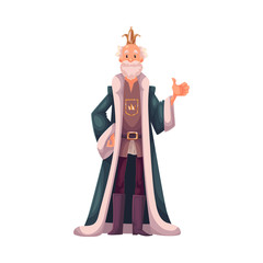 king wearing crowns and mantles, cartoon vector illustration isolated in white background. king tall old white skinned, kind and happy