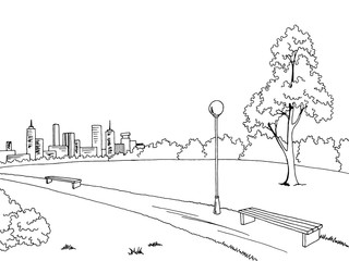 Park graphic art black white bench lamp landscape sketch illustration vector