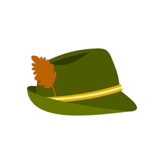 Green hat with feather icon in flat style on a white background vector illustration