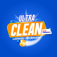 Ultra clean. Template for laundry detergent. Package design for Washing Powder & Liquid Detergents. Stock vector
