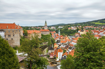 Fototapeta na wymiar Medieval town Cesky Krumlov , Czech Republic. Aerial view.