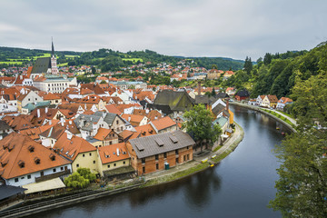 Medieval town Cesky Krumlov and Vltava river,Czech Republic. Aerial view.