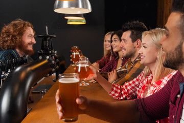 Young People Group In Bar, Hold Beer Glasses, Friends Sitting At Wooden Counter Pub,  Toast