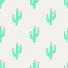 Seamless pattern with cactus and flowers in green and pink on cream background.