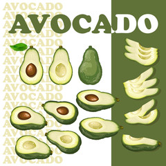 Avocado and slices isolated on white background