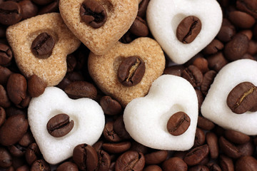 Coffee, I love you! Coffee beans and sugar hearts