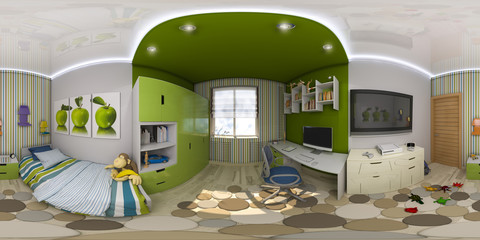 3d illustration spherical 360 degrees, seamless panorama of children's room interior design. 