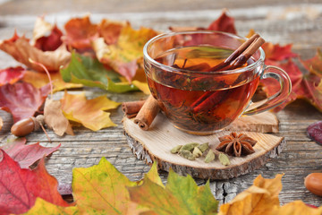 cup of tea on the wooden background with autumn leaves