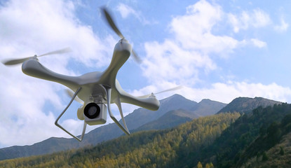 Fototapeta na wymiar 3d render quadrocopters mountains in the background. Radio-contr