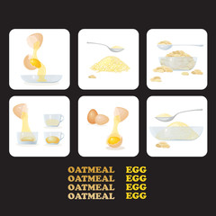 icons eggs, yolks, white, eggshells, oat porridge and grain.