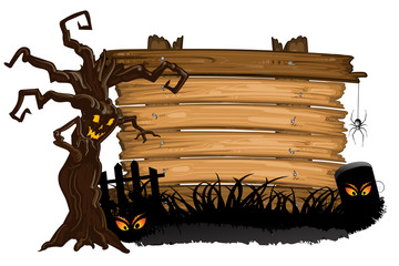 Halloween tree with cemetery over wood texture