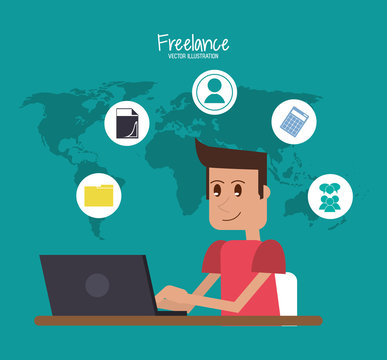 Man with laptop icon. Freelance work and technology theme. Colorful design. Vector illustration