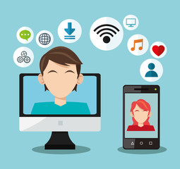 Smartphone computer man woman and media icon set. Social media and network theme. Colorful design. Vector illustration
