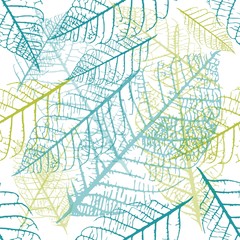Obraz premium Seamless vector pattern of teal blue and green skeleton leaves