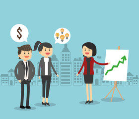 Businessman businesswoman cartoon bubbles and infographic icon. Business and solution theme. Colorful design. Vector illustration