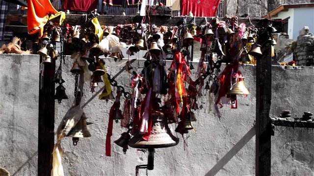 Praying bells near buddhist monastery in Muktinath - the main religious temple for buddhist and hindu