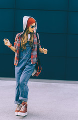 Casual brunette. Study season. Fashion urban style