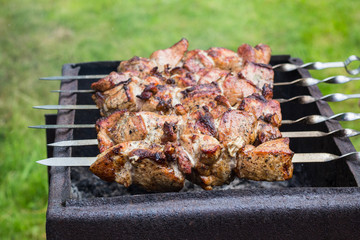 BBQ meat on grill in garden