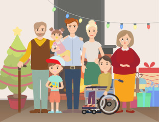Big Christmas family at home vector illustration. Family portrait near fire place and Christmas tree and gifts. Parents, grandparents and with special needs child.