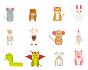 Set of isolated icons of funny animals on a white background. Vector illustration
