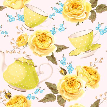 Seamless teapots, cups and flowers
