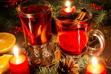 christmas mulled wine in the candle light