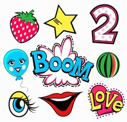 Set of quirky cartoon patch badges or fashion pin . Strawberry, two, boom, love, heart, eye, watermelon, star.
