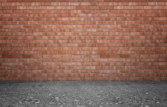 Rendering of interior with red brick wall and ground
