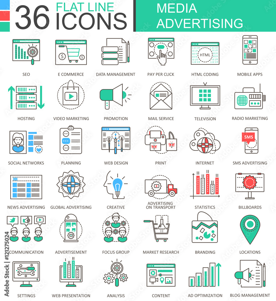 Aufkleber Vector Media advertising modern color flat line outline icons for apps and web design.