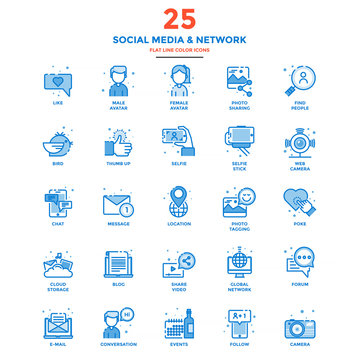 Modern Flat Line Color Icons- Social Media and Network