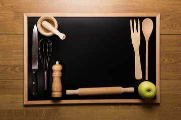 Blackboard and green apple, Back to school