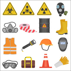 Industrial job work safety equipment flat icons set. Radiation and chemical protection.