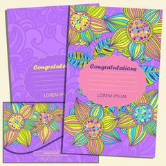 Floral card design, flowers and leaf doodle elements. Illustration made of flowers and herbs.   Invitation Template: holiday cards set. postcards and envelope 