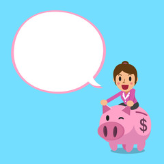 Businesswoman riding pink piggy bank with white speech bubble