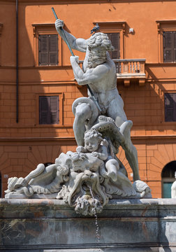 Detail of the Neptune fountain in Piazza Navona, Rome, Italy.