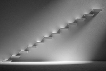 Ascending stairs of rising staircase in dark empty room with lig