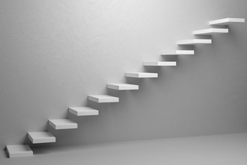 Ascending stairs of rising staircase in white empty room 3d illu