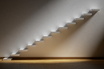 Ascending stairs of rising staircase in dark empty room with lig
