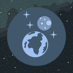 Digital vector planet earth icon with stars and moon, over stelar background, flat style.