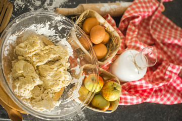 Baking ingredients on the kitchen table. Top view.