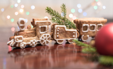 Gingerbread Cookie in the form of train. Christmas cookies. Holidays sweets