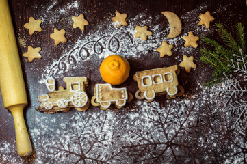Gingerbread Cookie in the form of train. Christmas cookies. Holidays sweets