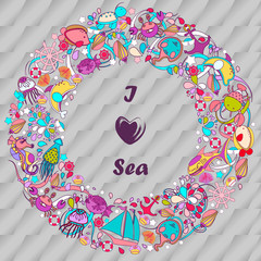 Cartoon hand-drawn doodles on the subject of  Sea vacation.  Vector colorful background, form of a circle