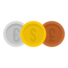 Coins euro with dollar and pound icon in flat style isolated on white background. Money symbol vector illustration