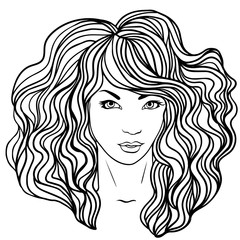 A sketch of the young woman with curly hair. Fashion illustration